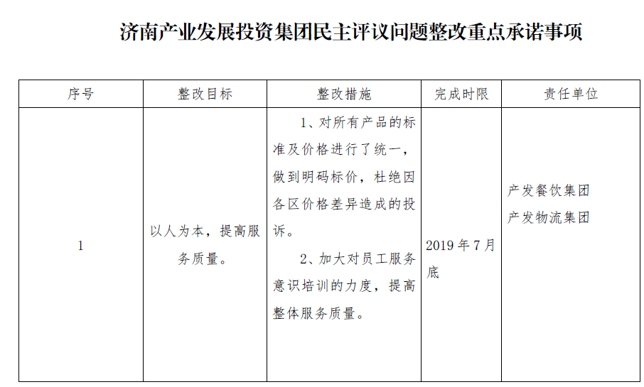 尊龙凯时官方网站投资集团民主评议问题整改重点承诺事项
